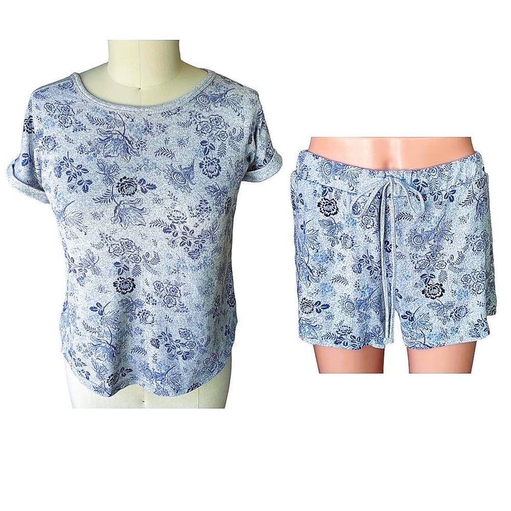 LUCKY BRAND 2 Piece Shorts Blue & Gray Lounge Sleepwear Pajamas Set ~ Womens MED
